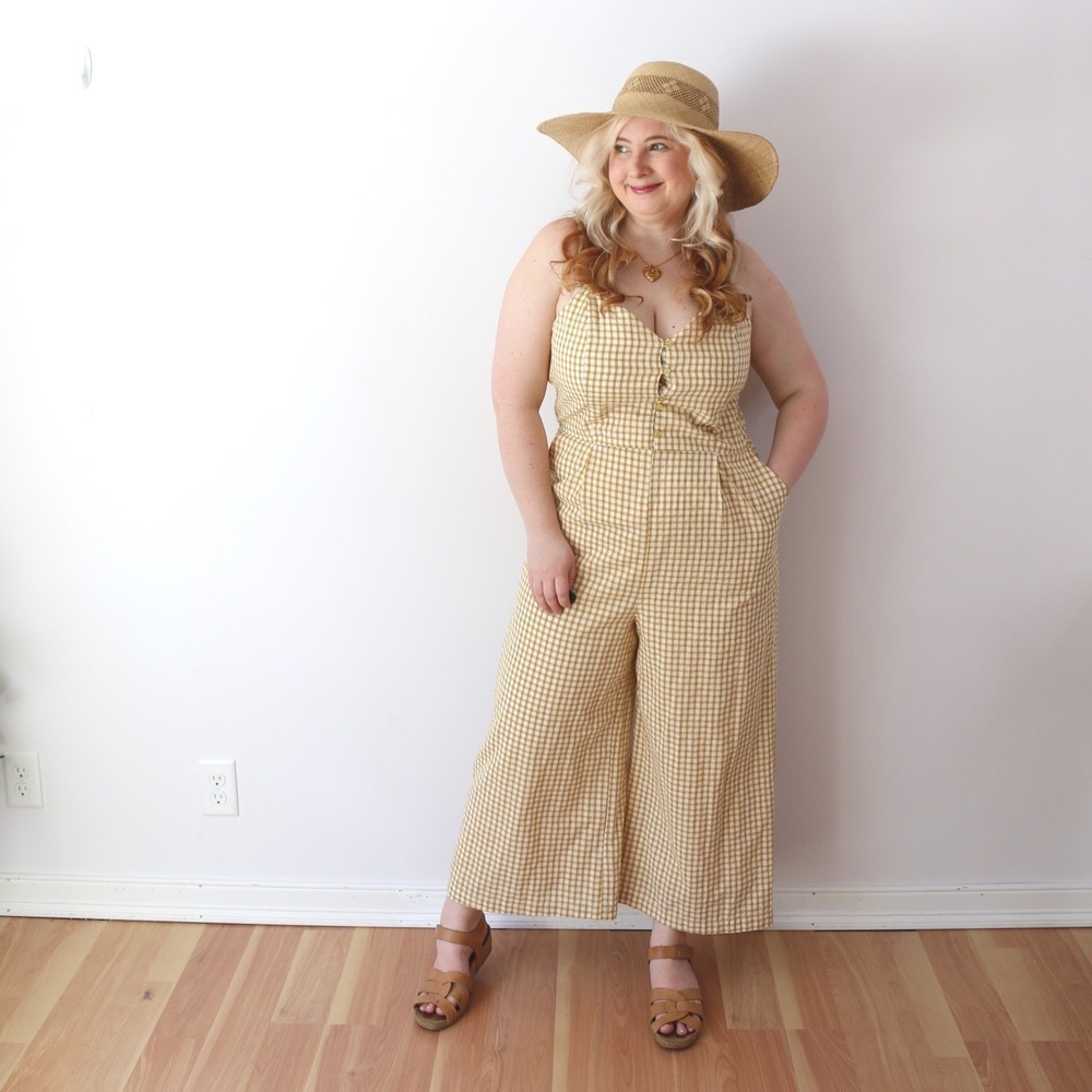 Lost + Wander Jumpsuit Mustard Yellow Gingham Wide Leg Button Front Smocked L
